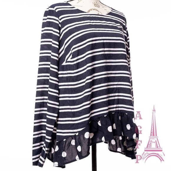 Crown Ivy striped Navy blouse top size 0X ruffle polka dot preppy  💖2/$30 - Picture 5 of 14